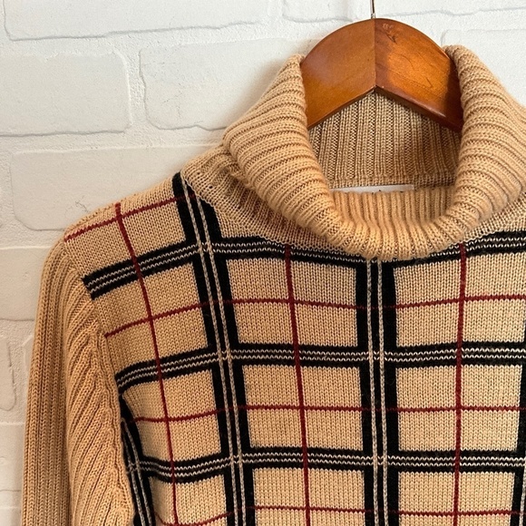 Vintage Knit Sweater Burberry vibe Old money Wool blend Plaid Tan/Black/Red S - Picture 8 of 15